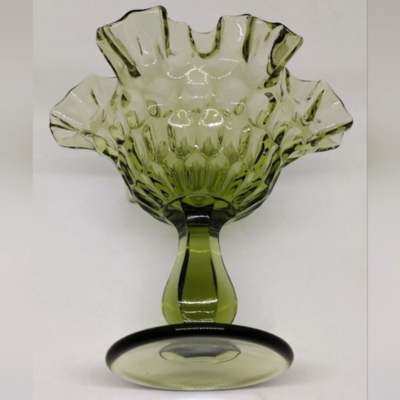 Vintage Fenton Colonial Green Thumbprint Ruffled Crimped Edged Compote - Picture 5 of 12
